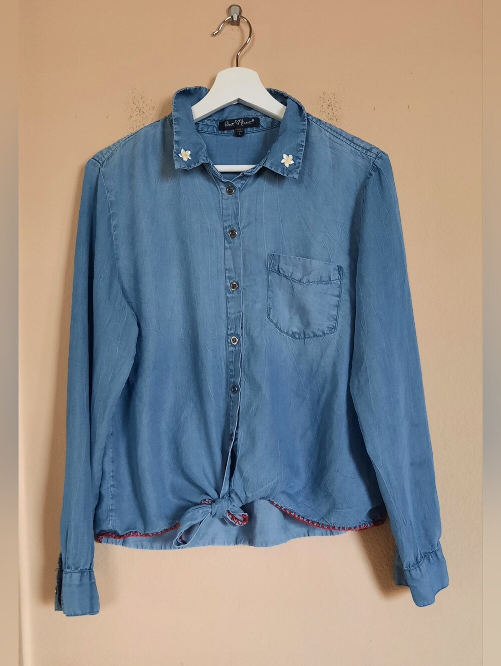 Light Blue Tie-front Button Down Shirt With Embriodered Detail On Collar